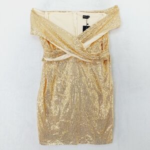 New XPlusWear Sequin Champagne Gold Sleeveless Off Shoulder Mini Dress P3068